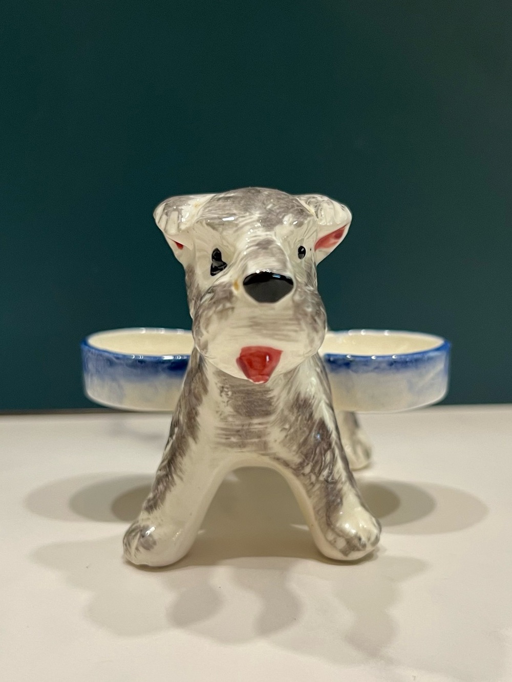 Vintage Ceramic Terrier Dog Salt Cellar Holder Double Dish Condiment Server
